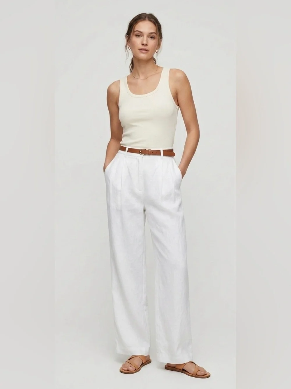 Aritzia Babaton Pleated Linen Pant White Wide Leg High Waisted Trouser SP23